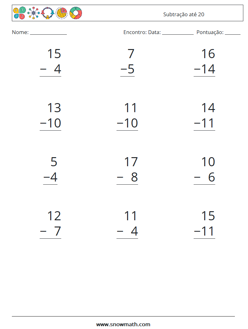 (12) Subtração até 20 planilhas matemáticas 17