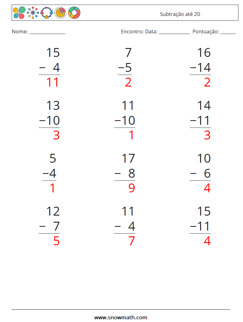 (12) Subtração até 20 planilhas matemáticas 17 Pergunta, Resposta