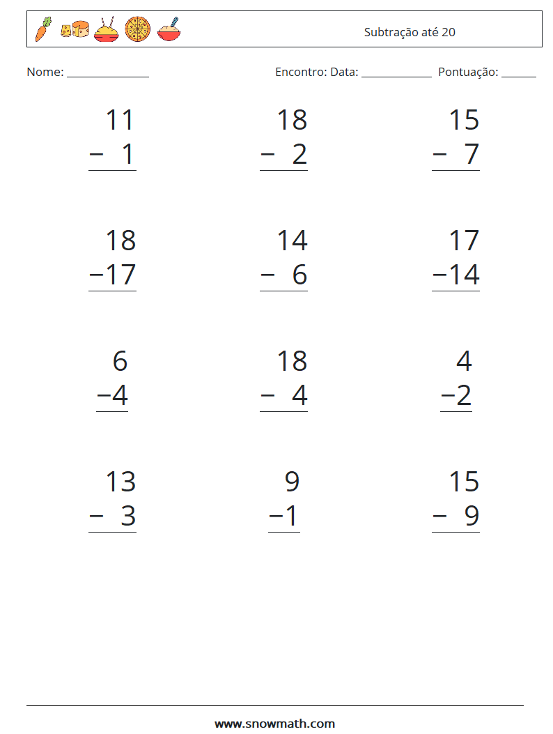 (12) Subtração até 20 planilhas matemáticas 18