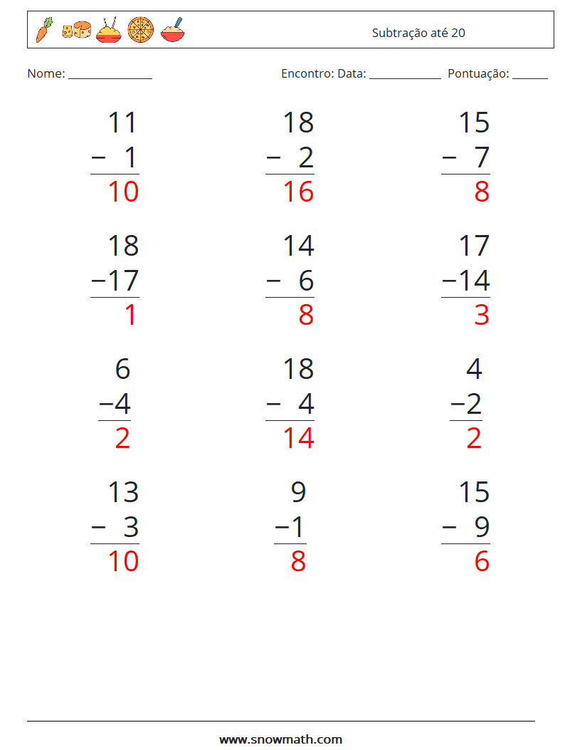 (12) Subtração até 20 planilhas matemáticas 18 Pergunta, Resposta