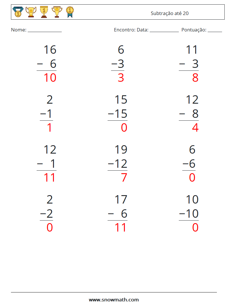 (12) Subtração até 20 planilhas matemáticas 1 Pergunta, Resposta
