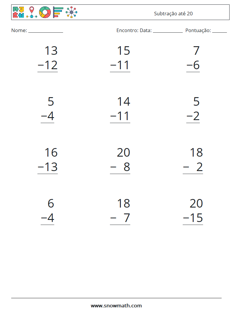 (12) Subtração até 20 planilhas matemáticas 2