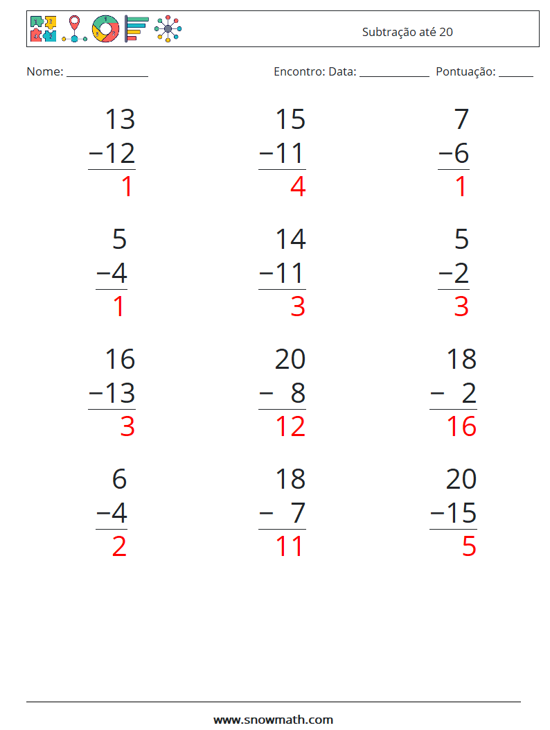 (12) Subtração até 20 planilhas matemáticas 2 Pergunta, Resposta