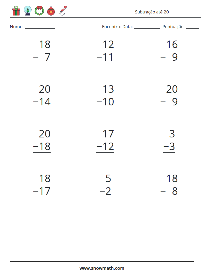 (12) Subtração até 20 planilhas matemáticas 3