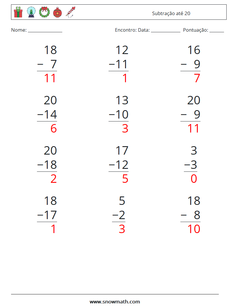 (12) Subtração até 20 planilhas matemáticas 3 Pergunta, Resposta