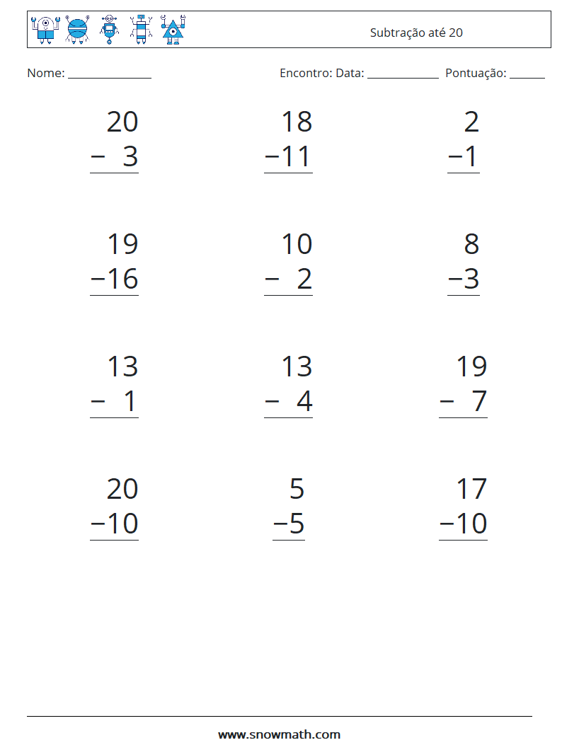 (12) Subtração até 20 planilhas matemáticas 4