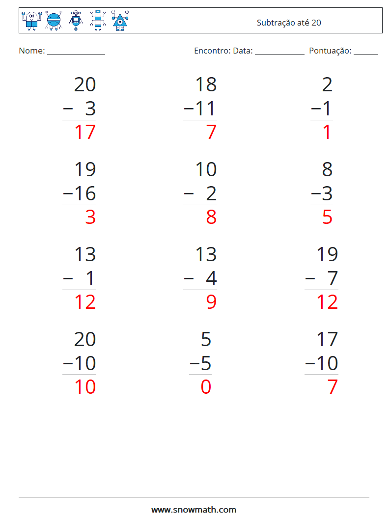 (12) Subtração até 20 planilhas matemáticas 4 Pergunta, Resposta