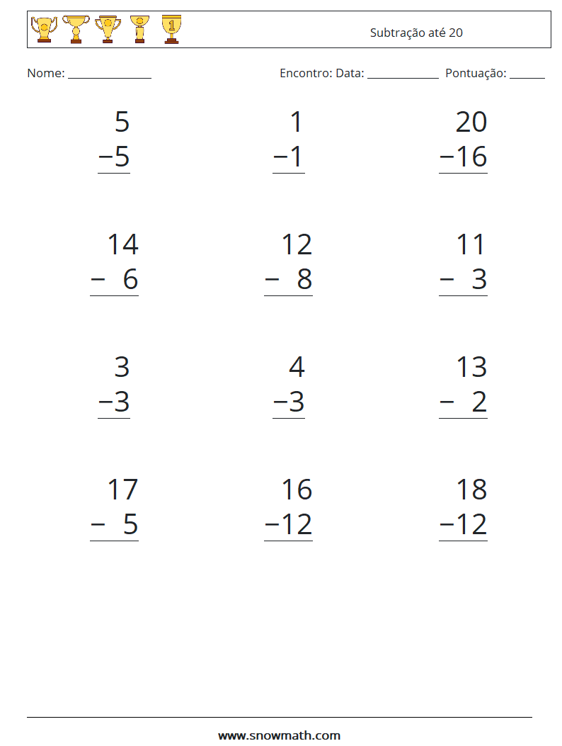(12) Subtração até 20 planilhas matemáticas 5