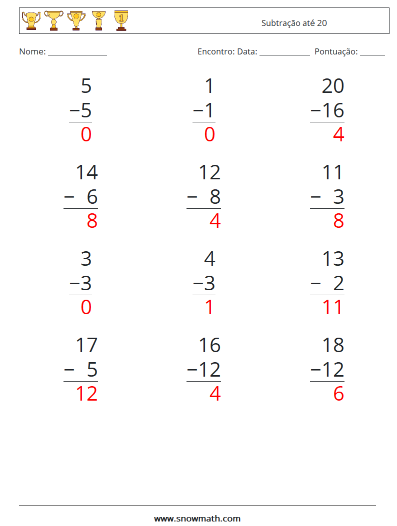 (12) Subtração até 20 planilhas matemáticas 5 Pergunta, Resposta