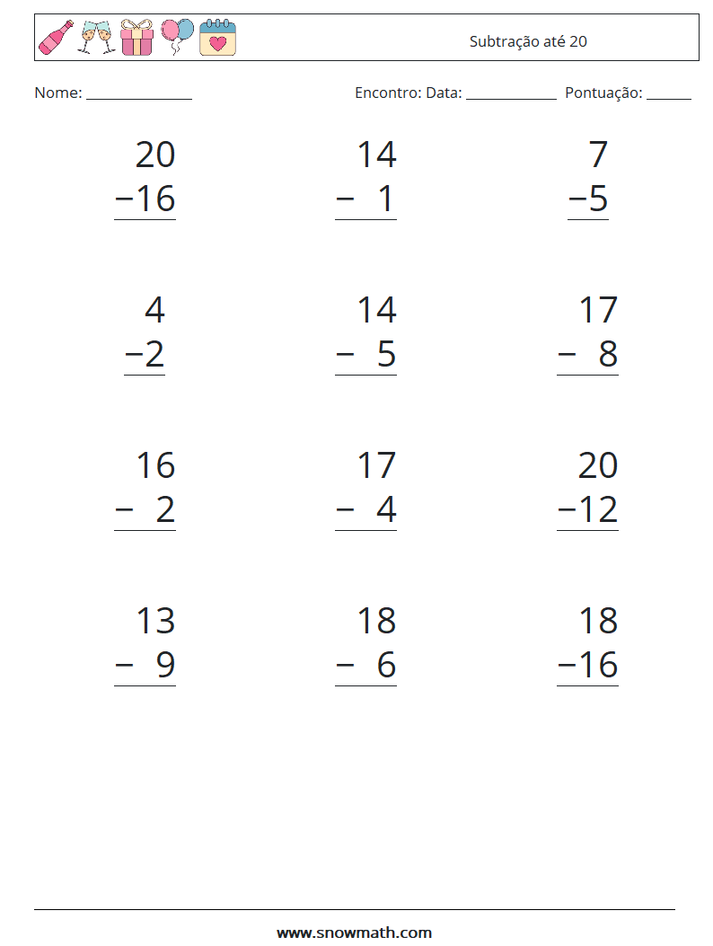 (12) Subtração até 20 planilhas matemáticas 6