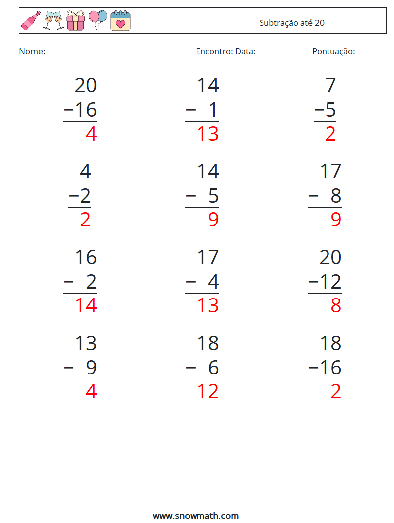 (12) Subtração até 20 planilhas matemáticas 6 Pergunta, Resposta