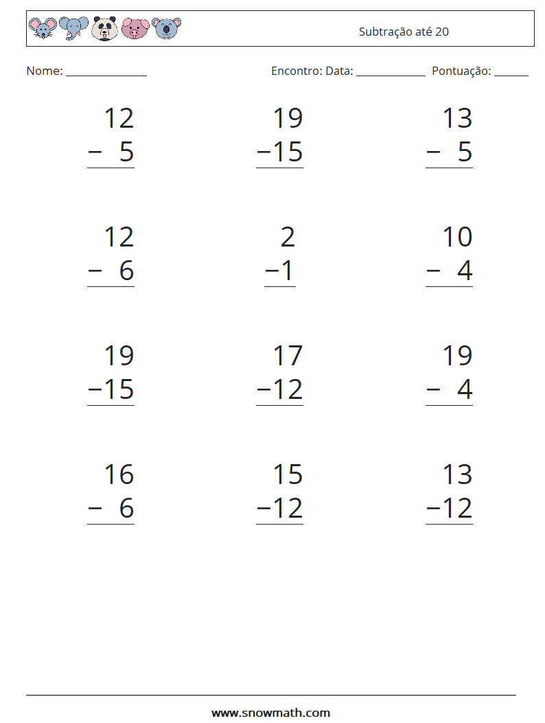 (12) Subtração até 20 planilhas matemáticas 7
