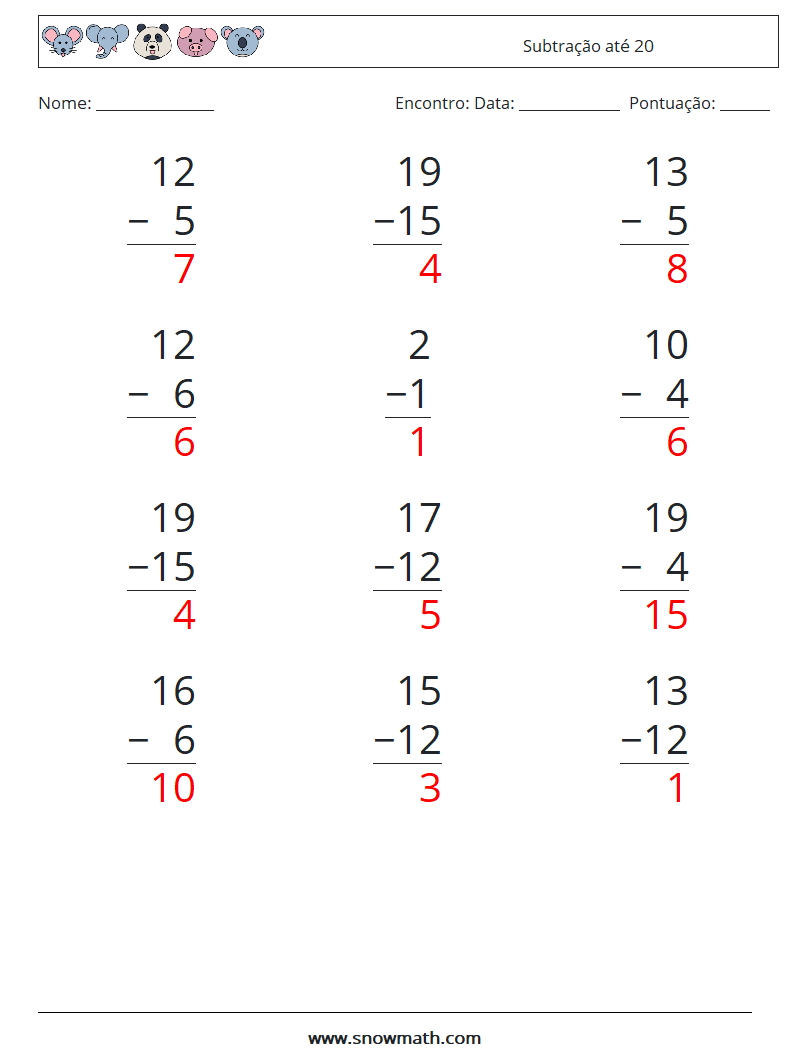 (12) Subtração até 20 planilhas matemáticas 7 Pergunta, Resposta