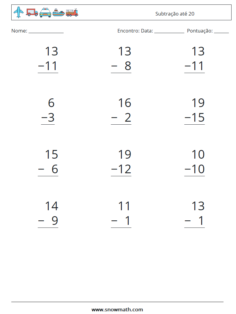 (12) Subtração até 20 planilhas matemáticas 8