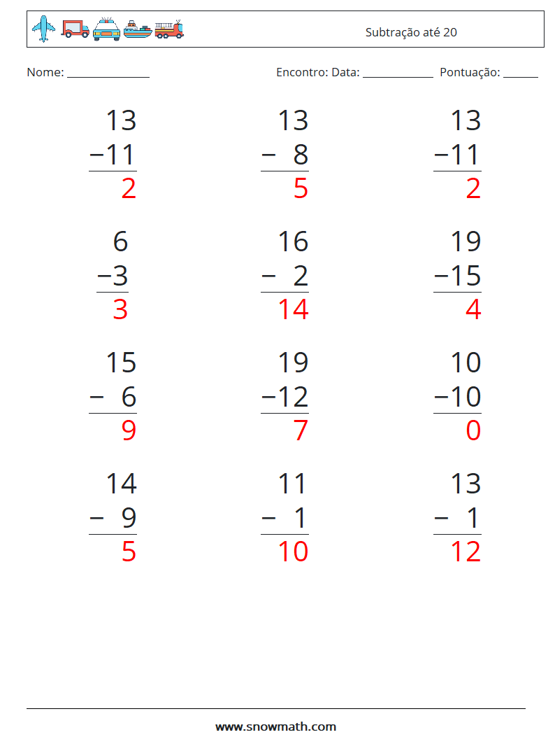 (12) Subtração até 20 planilhas matemáticas 8 Pergunta, Resposta
