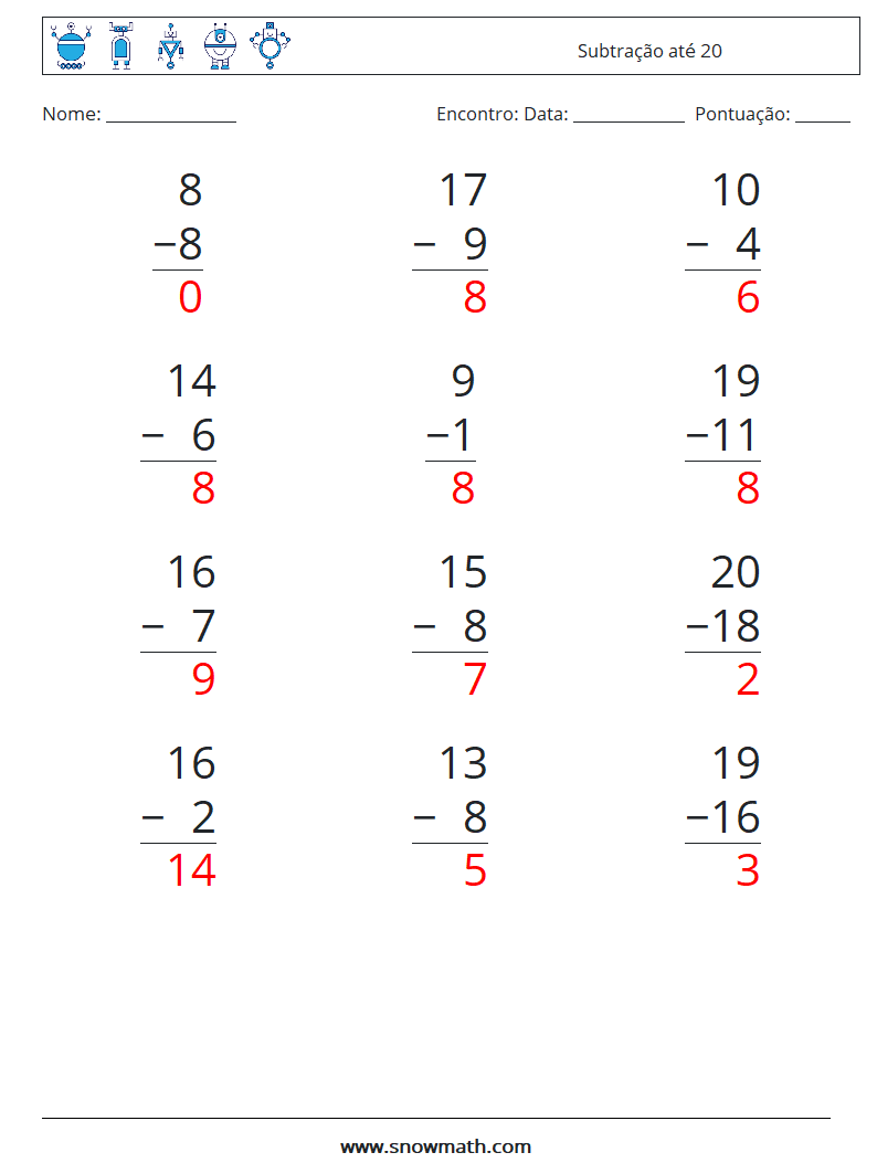 (12) Subtração até 20 planilhas matemáticas 9 Pergunta, Resposta