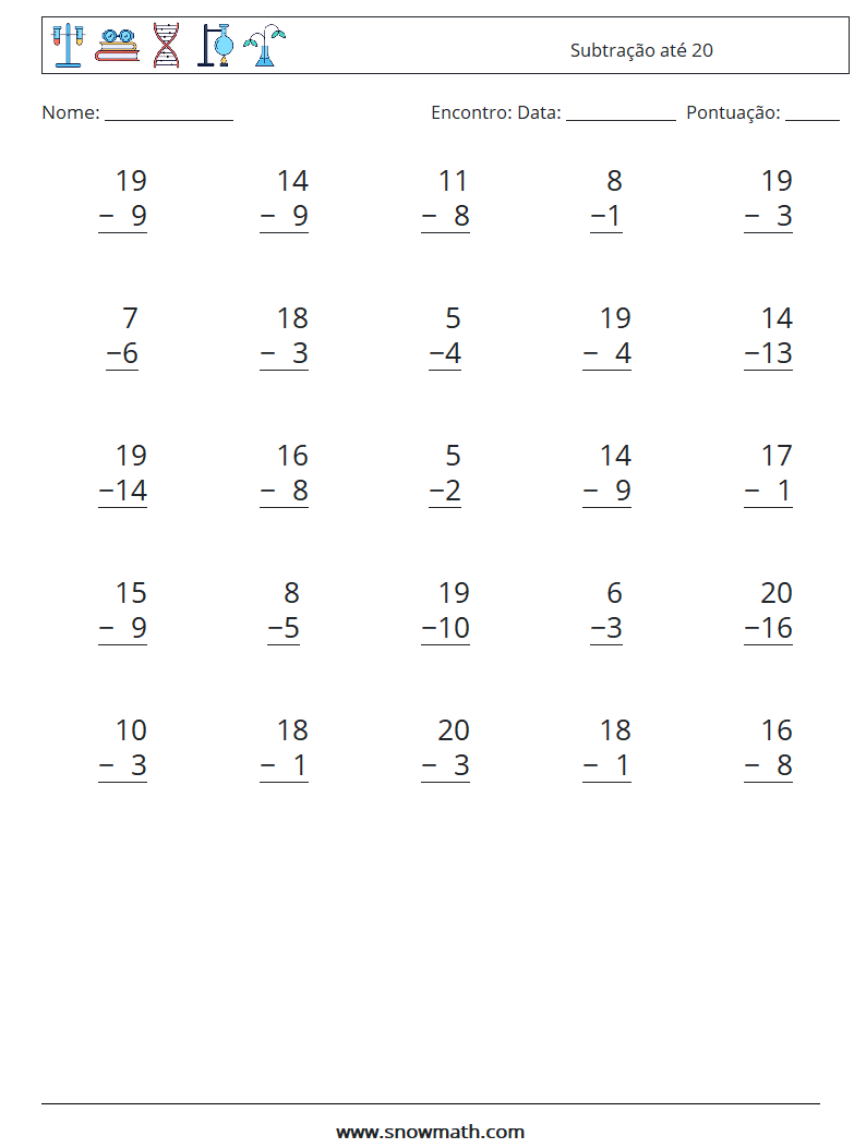 (25) Subtração até 20 planilhas matemáticas 10