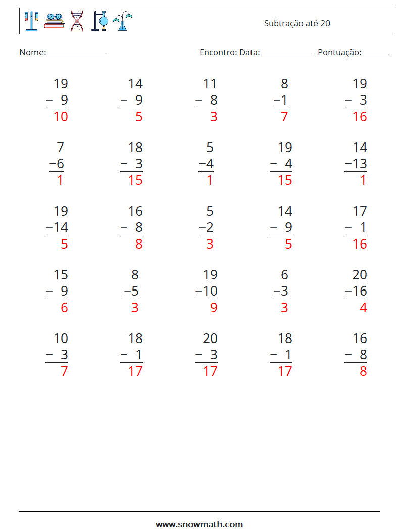 (25) Subtração até 20 planilhas matemáticas 10 Pergunta, Resposta