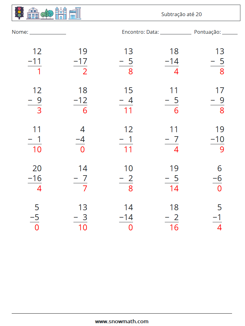 (25) Subtração até 20 planilhas matemáticas 11 Pergunta, Resposta