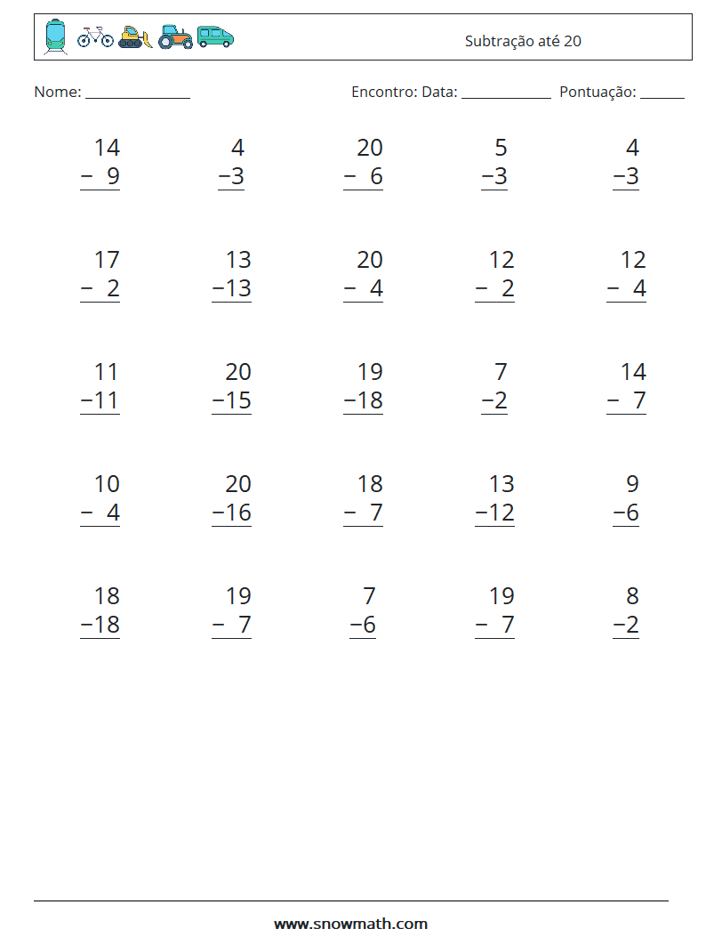 (25) Subtração até 20 planilhas matemáticas 12