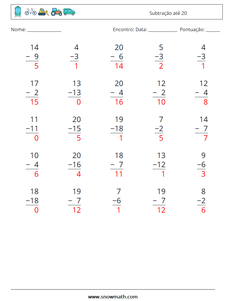 (25) Subtração até 20 planilhas matemáticas 12 Pergunta, Resposta