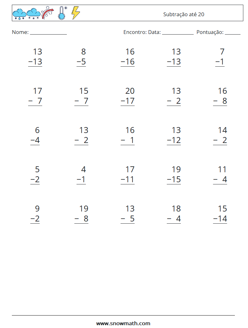 (25) Subtração até 20 planilhas matemáticas 13