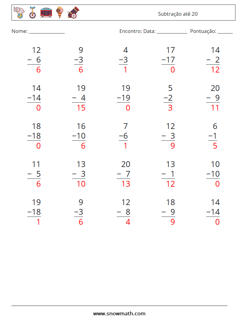 (25) Subtração até 20 planilhas matemáticas 14 Pergunta, Resposta