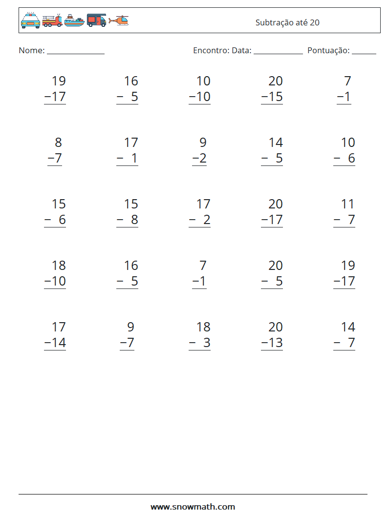 (25) Subtração até 20 planilhas matemáticas 15