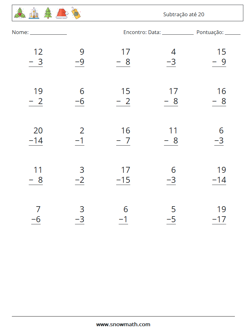 (25) Subtração até 20 planilhas matemáticas 16