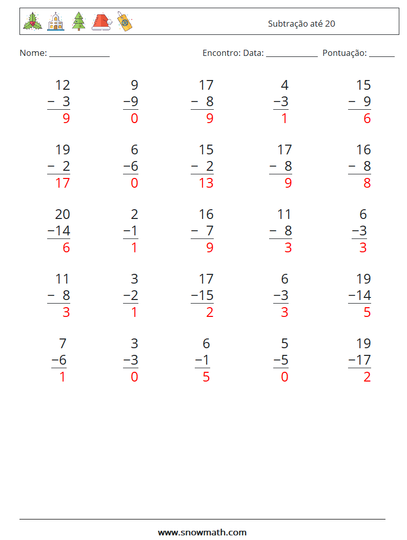 (25) Subtração até 20 planilhas matemáticas 16 Pergunta, Resposta