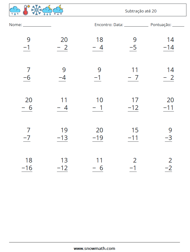 (25) Subtração até 20 planilhas matemáticas 17