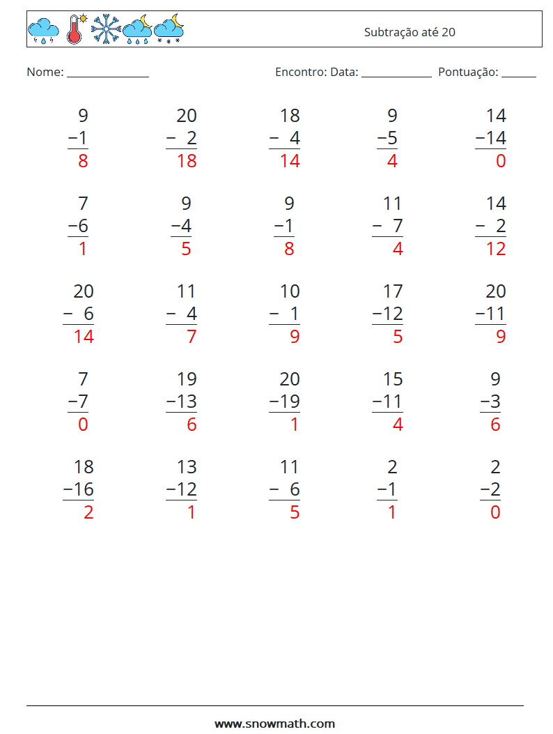 (25) Subtração até 20 planilhas matemáticas 17 Pergunta, Resposta