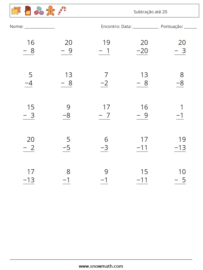 (25) Subtração até 20 planilhas matemáticas 18