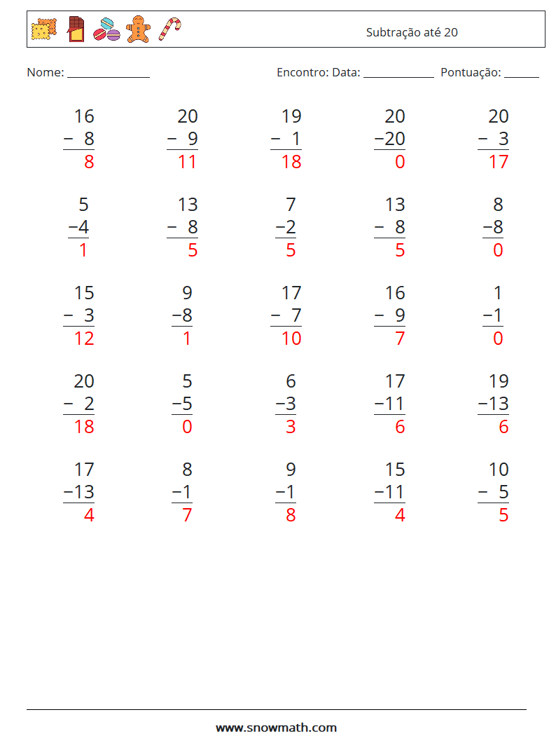 (25) Subtração até 20 planilhas matemáticas 18 Pergunta, Resposta