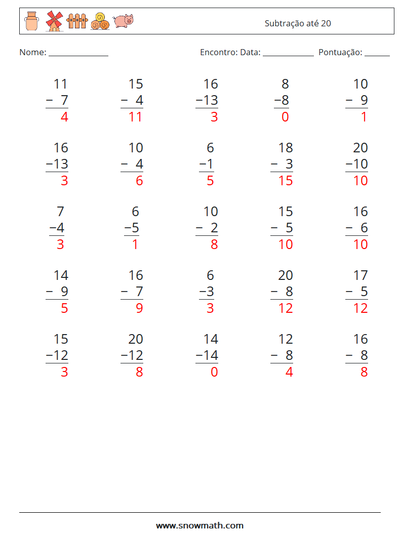 (25) Subtração até 20 planilhas matemáticas 1 Pergunta, Resposta