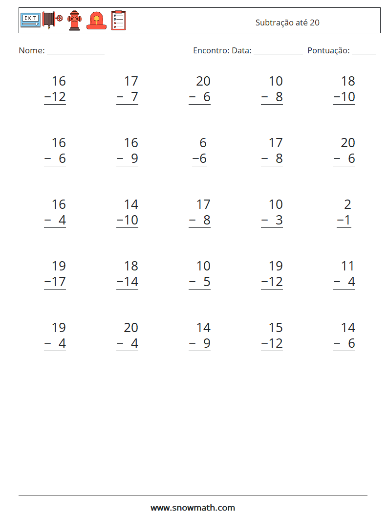 (25) Subtração até 20 planilhas matemáticas 2