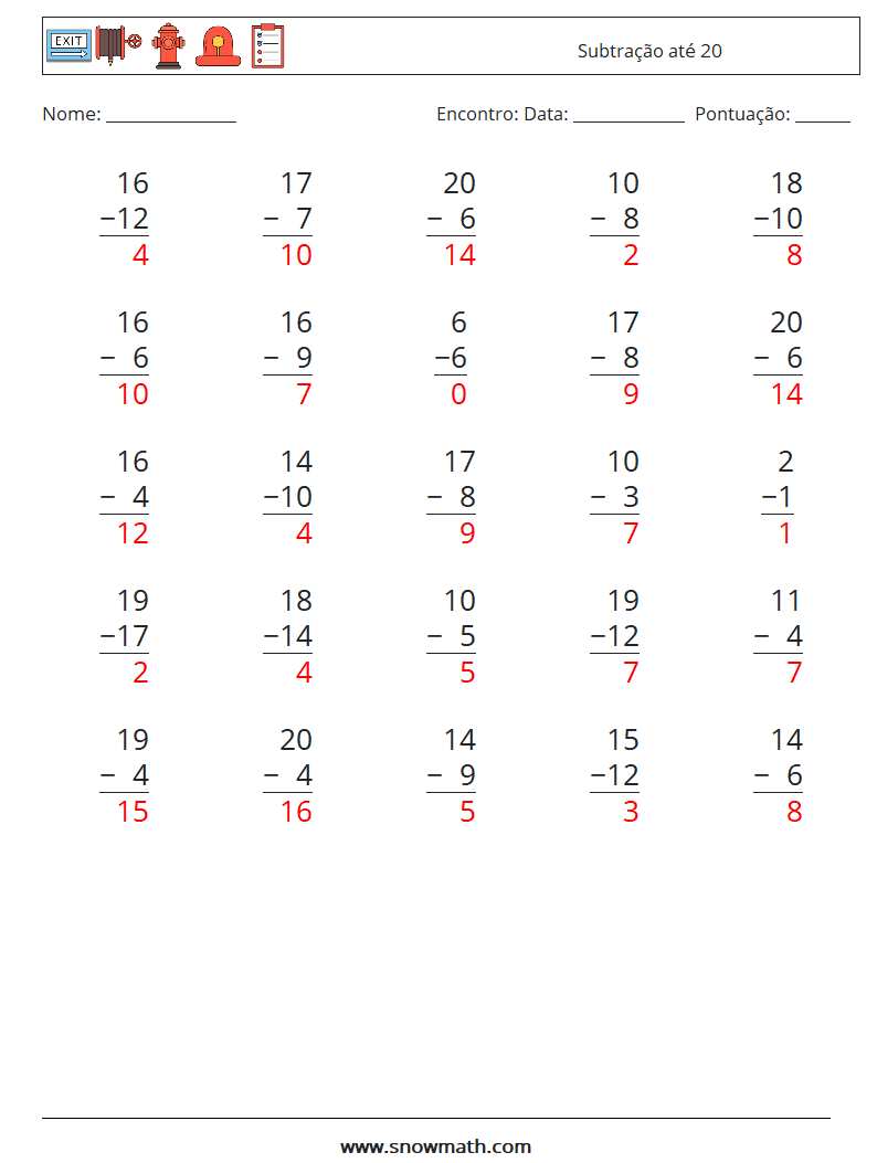 (25) Subtração até 20 planilhas matemáticas 2 Pergunta, Resposta