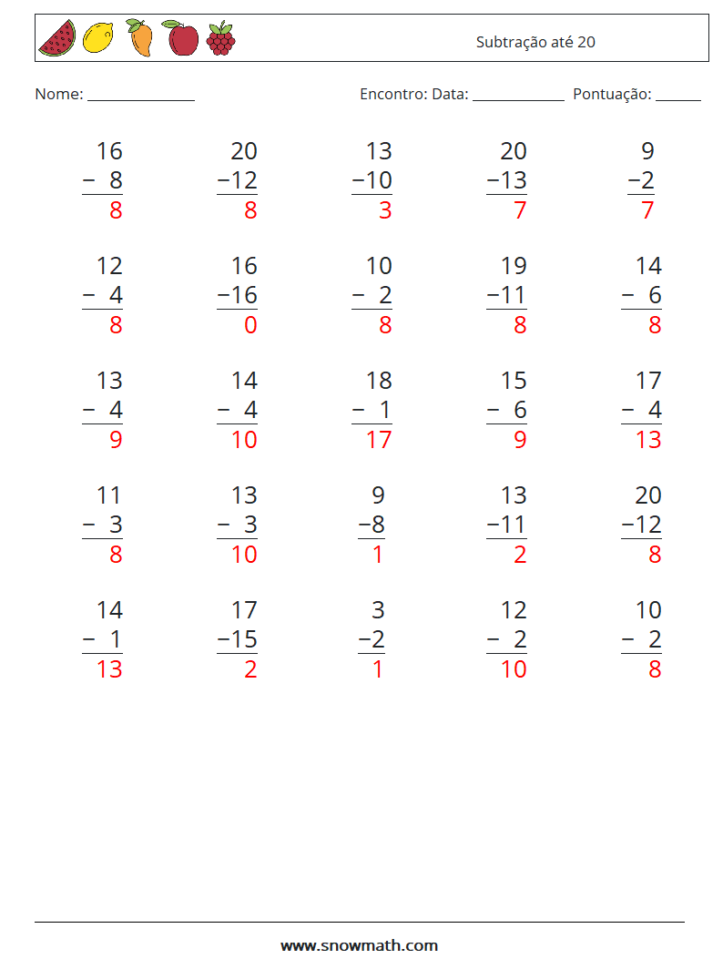 (25) Subtração até 20 planilhas matemáticas 3 Pergunta, Resposta