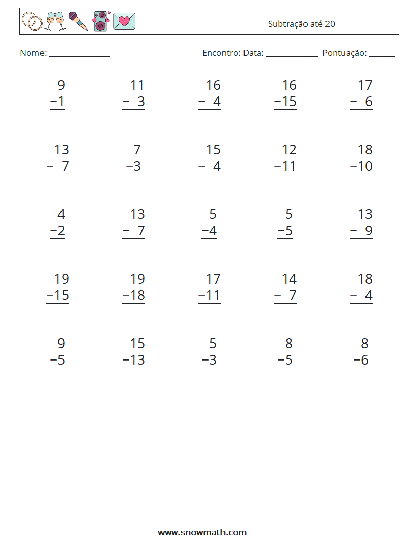 (25) Subtração até 20 planilhas matemáticas 4