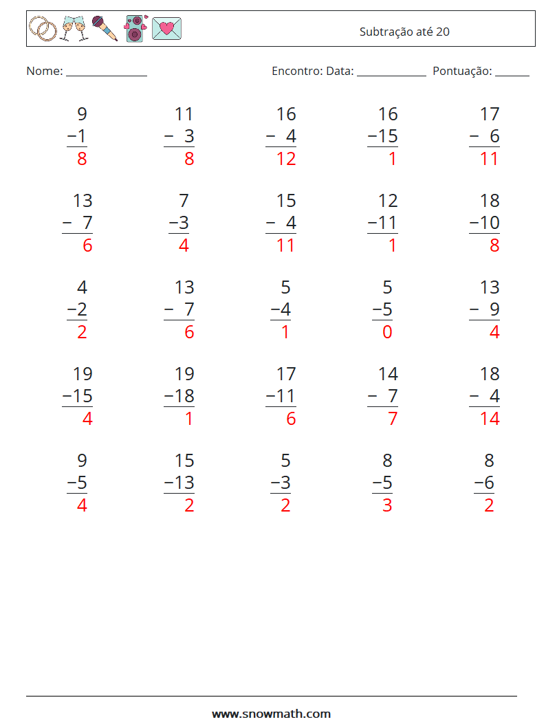 (25) Subtração até 20 planilhas matemáticas 4 Pergunta, Resposta