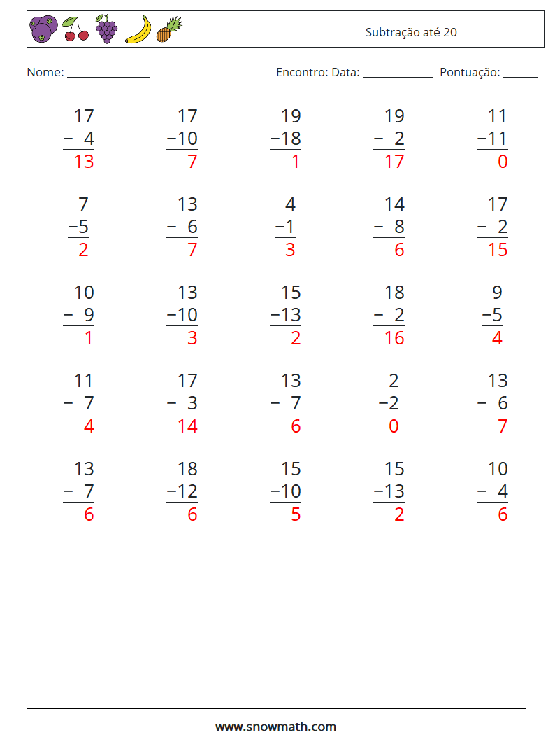 (25) Subtração até 20 planilhas matemáticas 5 Pergunta, Resposta