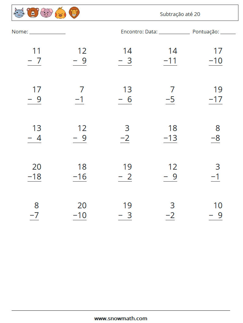 (25) Subtração até 20 planilhas matemáticas 6
