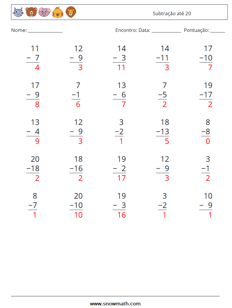 (25) Subtração até 20 planilhas matemáticas 6 Pergunta, Resposta