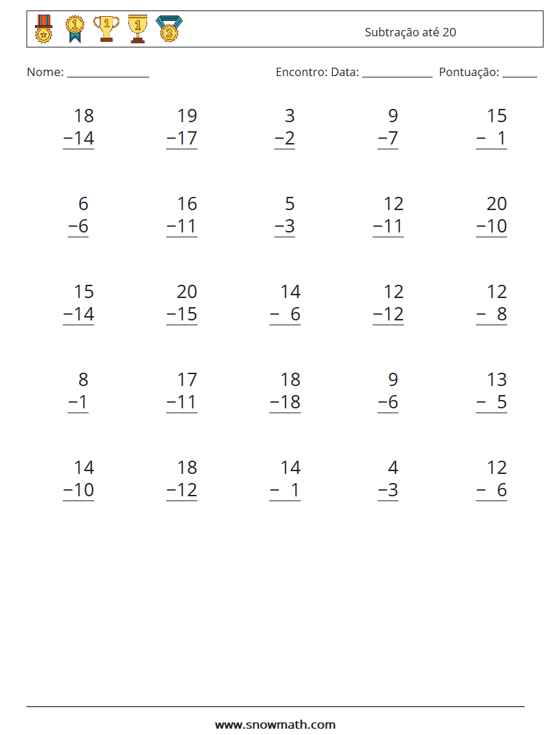 (25) Subtração até 20 planilhas matemáticas 7