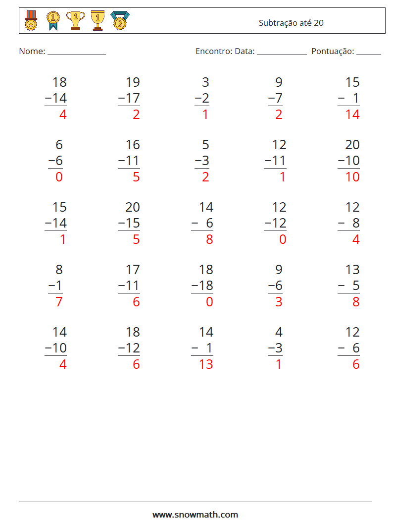 (25) Subtração até 20 planilhas matemáticas 7 Pergunta, Resposta