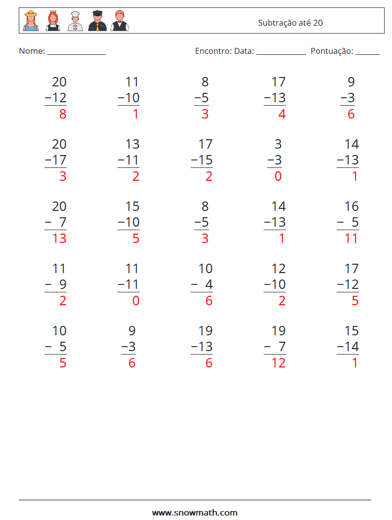 (25) Subtração até 20 planilhas matemáticas 8 Pergunta, Resposta