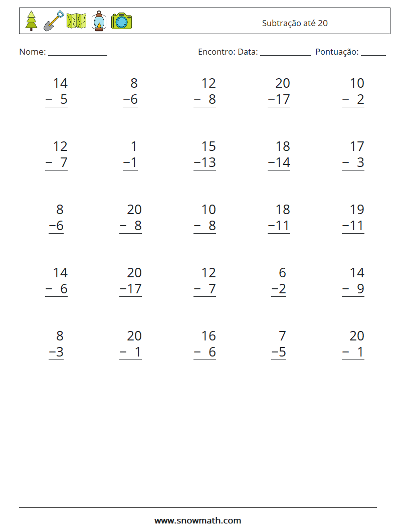 (25) Subtração até 20 planilhas matemáticas 9