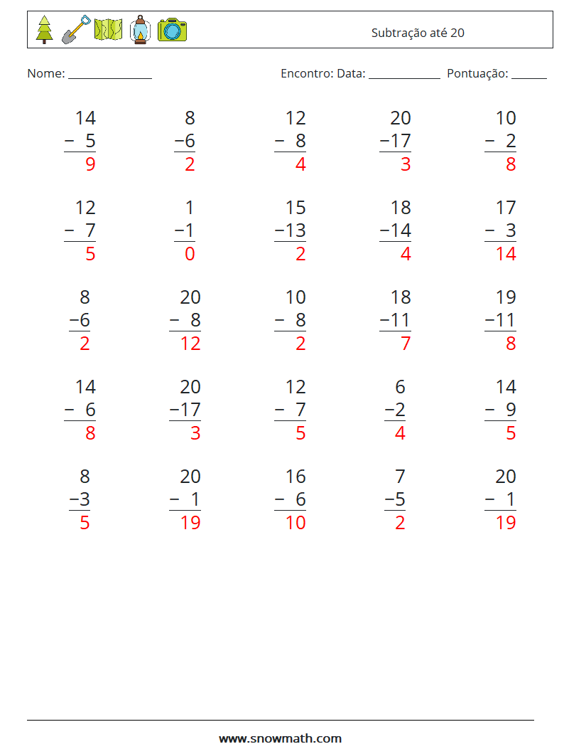 (25) Subtração até 20 planilhas matemáticas 9 Pergunta, Resposta