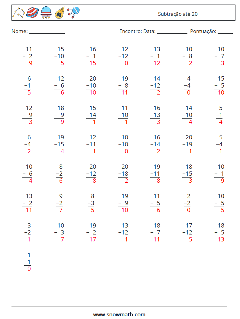 (50) Subtração até 20 planilhas matemáticas 10 Pergunta, Resposta