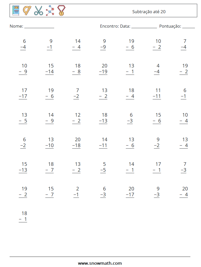 (50) Subtração até 20 planilhas matemáticas 11